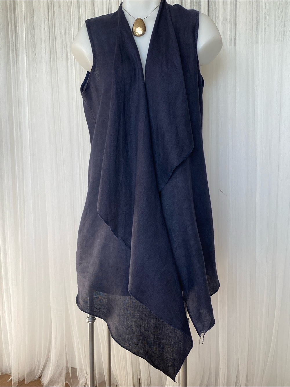 Draped Sleeveless Open Front 100% Linen Vest in Deep Navy by Amo Made in Italy